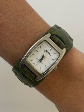dean. Silver Rectangular Watch on Green Leather Cuff Strap